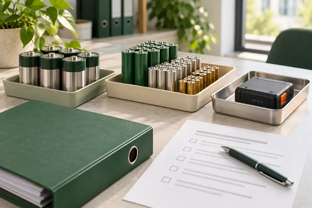 Sortierte Batterien und eine Checkliste zur Vorbereitung der Batteriedokumentation