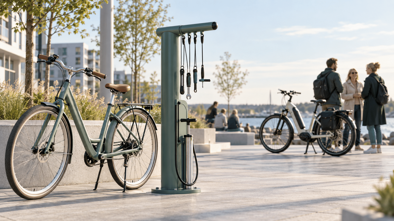 AI-generated illustration of bicycles and a repair station representing sustainable mobility