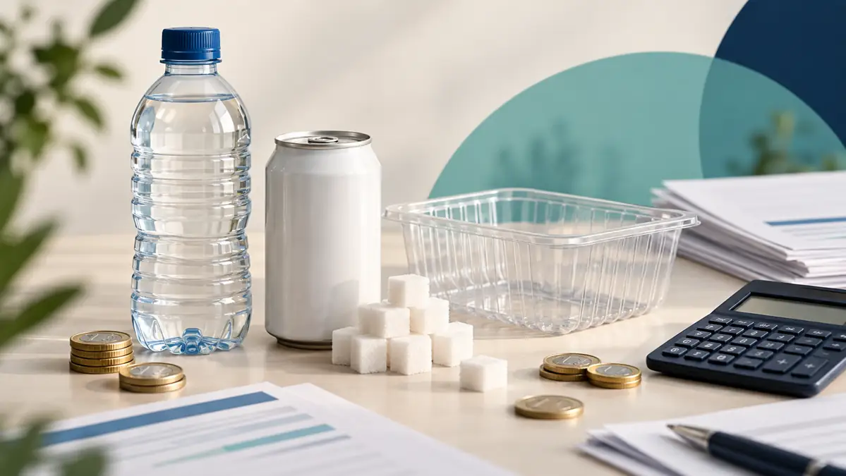 Plastic tax and sugar tax concept: plastic packaging, drink can, sugar cubes and a calculator