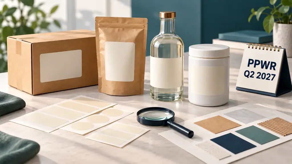 PPWR-Kennzeichnung: Verpackungen und Kalender mit der Aufschrift PPWR Q2 2027