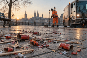 Street cleaning of spent fireworks debris in a German city — AI-generated illustration.