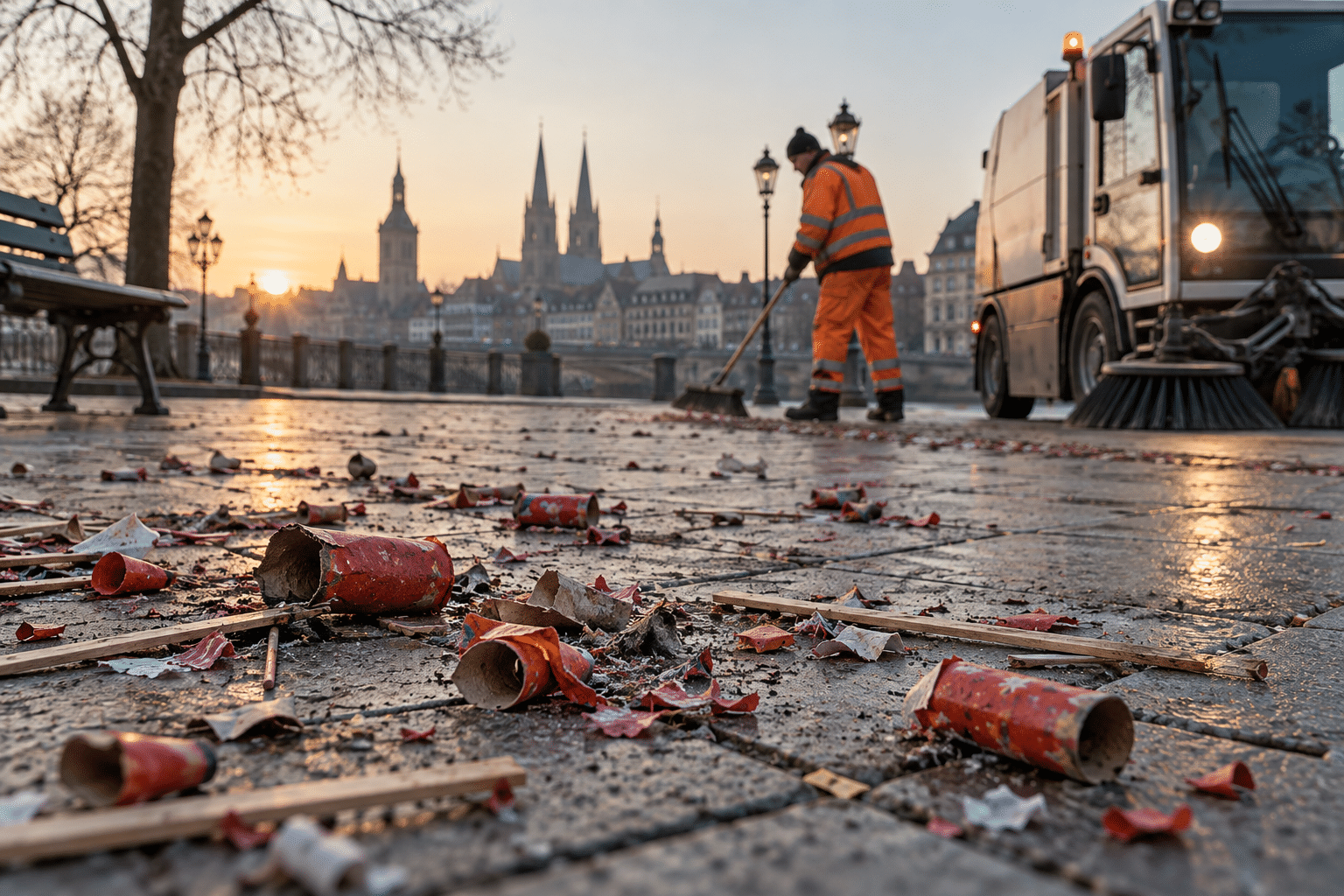 Street cleaning of spent fireworks debris in a German city — AI-generated illustration.